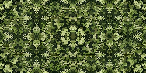 Wall Mural - A symmetrical octagon camouflage seamless pattern featuring shades of green and black for a military or outdoor theme design , outdoors, military