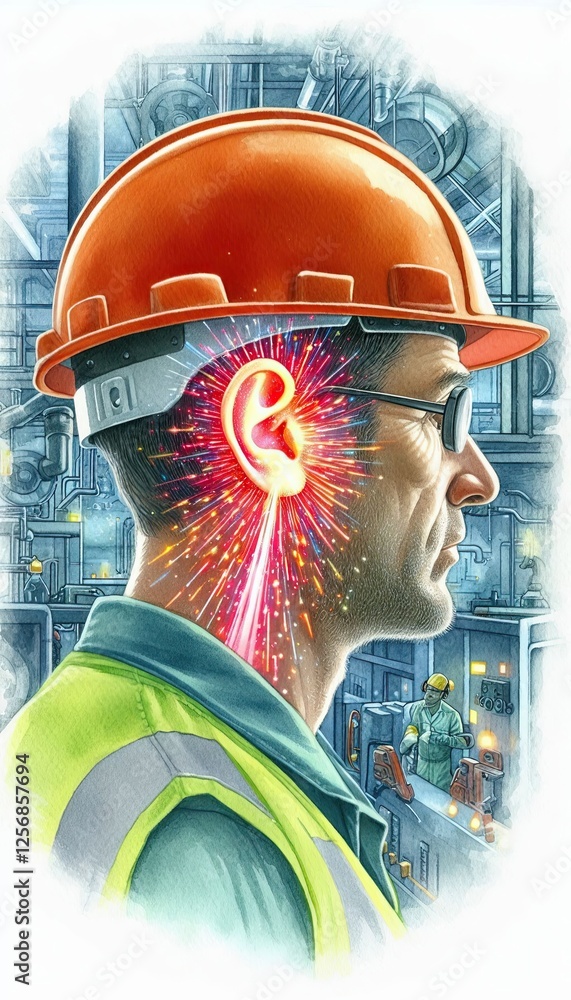 Sound Hazard Example Industrial worker experiencing noise hazard in factory safety awareness ...