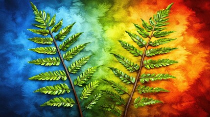 Wall Mural - Vibrant fern leaves on colorful background, nature, art