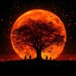 © btiger - Serene Tree Silhouette Under Full Moon with Children Interaction