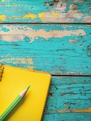 Poster - Bright notebook and pencil on a wooden desk ready for writing and creative activities during a productive afternoon. Generative AI