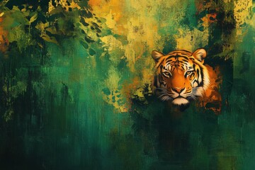Poster - Impressionist portrait of a tiger in a vibrant jungle setting with room for text. Generative AI