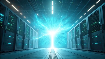 Wall Mural - Futuristic server room with glowing portal effect