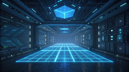 Wall Mural - Futuristic digital corridor with glowing grid