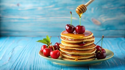 Wall Mural - Sweet cherry dessert on a stack of pancakes with honey, pinned to a fork on a blue background , pancakes