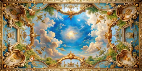 Wall Mural - A heavenly ceiling mural with a blue sky and ornate baroque frame surrounded by golden accents and lush greenery