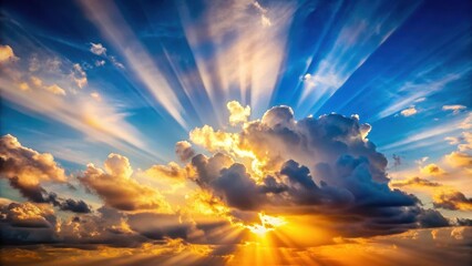 Wall Mural - A majestic cloud-filled sky with sunbeams breaking through the gaps, illuminating wispy clouds and casting a warm glow on the landscape