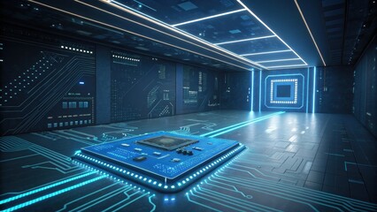 Wall Mural - Futuristic digital circuit room with glowing elements