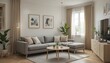 © Lumetriq - Modern Minimalist Living Room Interior Design with Grey Sofa and Wooden Accents