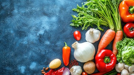 Poster - Fresh vegetables, healthy food, cooking ingredients, kitchen table, dark background, recipe inspiration