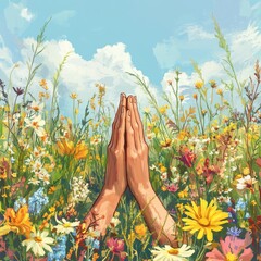 Wall Mural - Praying hands emerge from colorful wildflowers under a bright sky