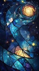 Wall Mural - Stained glass artwork displaying a cosmic galaxy with starry features