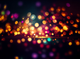 Wall Mural - blurred lights create a dreamy, festive atmosphere with a dark background. colorful bokeh dots glow 
