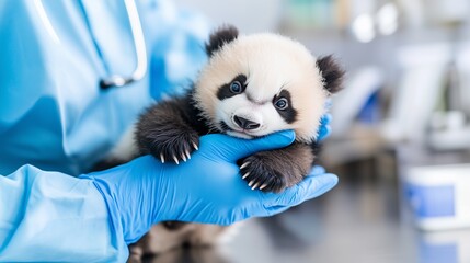 Wall Mural - Veterinarian holding a cute baby Giant Panda during a medical check