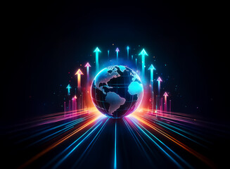 Wall Mural - A glowing globe surrounded by vibrant upward arrows, symbolizes progress and global connectivity in a dynamic, futuristic style with neon light trails.