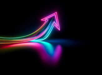 Wall Mural - neon arrow pointing upwards with vibrant colorful light trails against a dark background, symbolizin