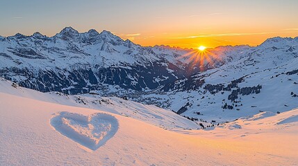 Canvas Print - Sunset heart snow mountain valley winter landscape postcard