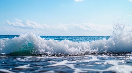 Leinwandbilder - Waves Crashing on Shore with Crystal Clear Blue Water Under Bright Sunny Sky : Generative AI