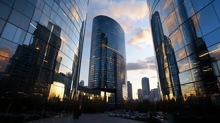 Aufkleber - Contemporary architecture showcasing buildings with glass facades during twilight hours : Generative AI