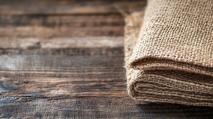 Poster - close up of rolled burlap fabric laid on a rustic wooden surface showcasing texture and natural fibe