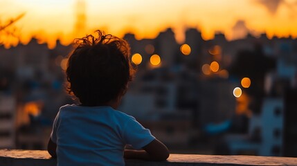 Aufkleber - Silhouette of a child observing a vibrant sunset over a city landscape filled with warm lights and evening glow : Generative AI