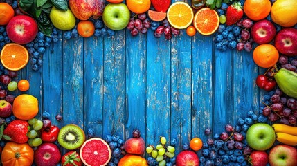 Poster - Colorful fruit border on blue wood; healthy eating, recipe background