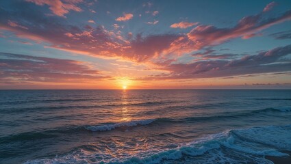 Wall Mural - A beautiful sunset over the ocean with orange and red hues in the sky, waves crashing gently on the beach, and soft clouds illuminated by the fading sunlight