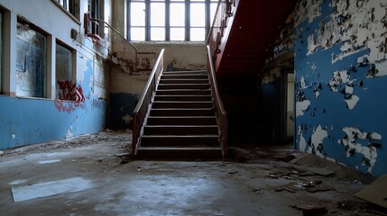 Aufkleber - Abandoned building interior featuring a worn staircase and peeling paint highlighting urban decay and neglect : Generative AI