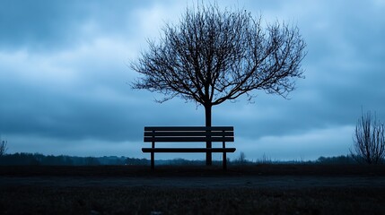 Poster - Lonely bench under a leafless tree in a moody atmospheric setting surrounded by dramatic clouds and dusky light : Generative AI