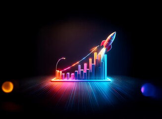 Wall Mural - Neon rocket launches from a glowing bar chart against a dark backdrop, symbolizing business growth and success. Vibrant colors suggest positive trends.