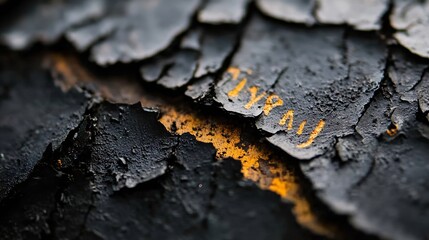 Poster - Close up of textured peeling paint revealing vibrant yellow underneath old weathered surface : Generative AI