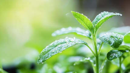 Poster - Green plant with raindrops glistening on its leaves in a soft natural light background in the garden : Generative AI