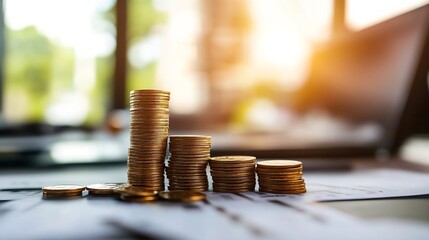 Poster - Stacks of Coins on a Table Signifying Financial Growth and Investment Success : Generative AI