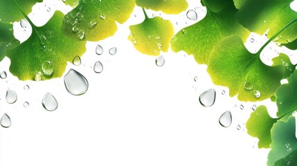 Wall Mural - vibrant ginkgo biloba green leaves with water droplets on white transparent background - nature and 