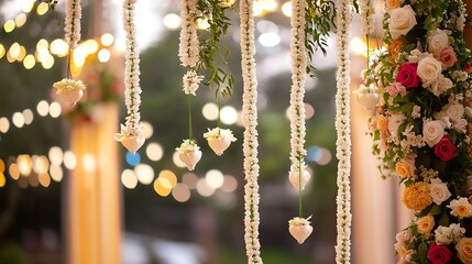 Leinwandbilder - Beautiful floral decorations with hanging heart shapes and soft lights creating a romantic atmosphere at an event : Generative AI