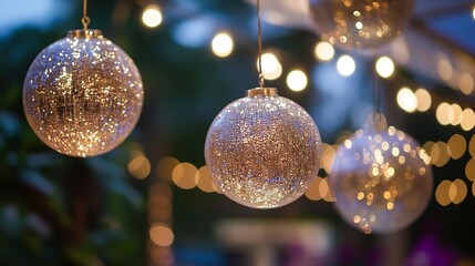 Poster - Sparkling glass ball ornaments with enchanting bokeh lights creating a magical atmosphere for festivities : Generative AI