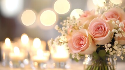 Poster - Charming floral bouquet of pink roses illuminated by soft candlelight creating a romantic and warm atmosphere : Generative AI