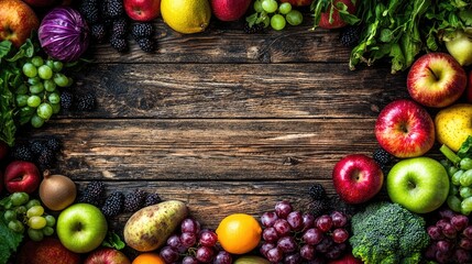 Poster - Fresh fruit and vegetable border on wood, healthy food background, recipe design