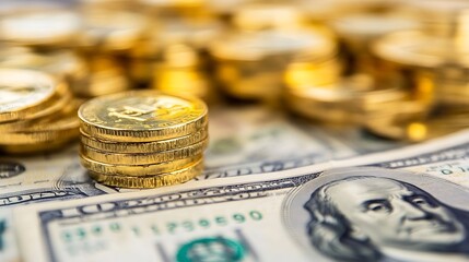 Poster - Close up of gold coins stacked on US dollar bills showcasing wealth and financial prosperity : Generative AI