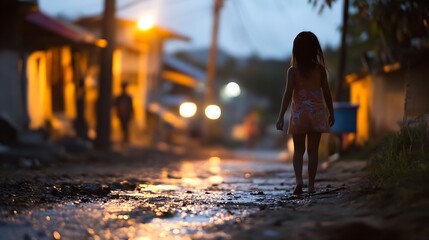 Aufkleber - Child walking down a dimly lit street at dusk surrounded by urban scenery : Generative AI
