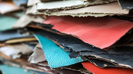 Poster - Close up view of assorted colored scrap leather pieces stacked chaotically showcasing various textures and tones : Generative AI