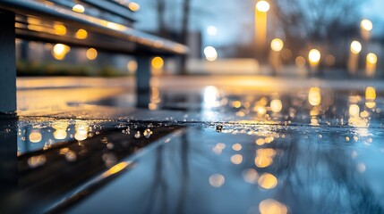 Aufkleber - Beautiful evening scene with reflections on wet pavement and glowing lights in a quiet park : Generative AI