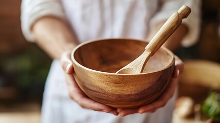 Aufkleber - A wooden bowl and spoon held in a person's hands showcasing craftsmanship in the kitchen : Generative AI