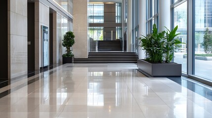 Poster - Modern Architectural Interior with Clean Lines Plants and Floor to Ceiling Windows : Generative AI
