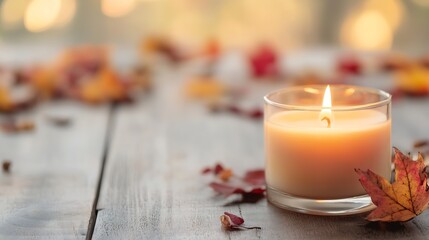Aufkleber - A scented candle burning softly on a rustic wooden table surrounded by autumn leaves : Generative AI
