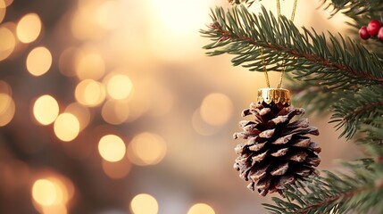 Poster - Festive closeup of a pinecone ornament hanging on a Christmas tree with blurred lights in the backdrop : Generative AI