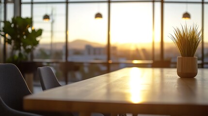 Poster - Scenic view of a cozy modern workspace with a sunlit table and greenery for inspiration : Generative AI
