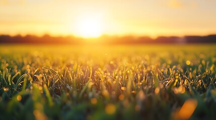 Poster - Morning sun shining brightly on dewy green grass as the day begins with a warm golden glow : Generative AI