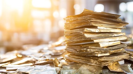 Fototapete - Impressive stack of cash and gold bars glimmering in the warm sunlight representing wealth and prosperity : Generative AI