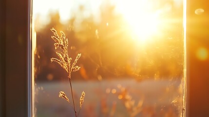 Poster - Golden Sunlight Streaming Through a Window with Dried Grass in theForeground : Generative AI